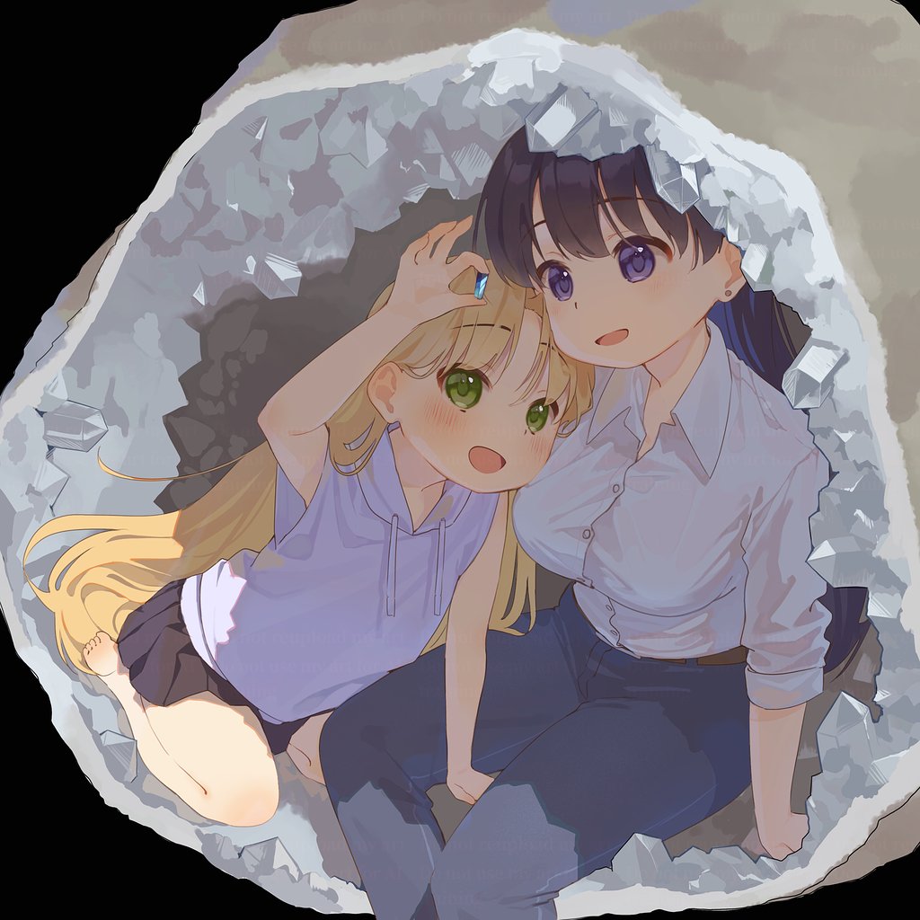 upaneru (upau8 chan), arato nagi, tanigawa ruri, ruri no houseki, 2girls, black eyes, black hair, black skirt, blonde hair, breasts, buttons, gem, green eyes, holding, large breasts, long hair, long sleeves, multiple girls, open mouth, pants, purple gemstone, rock, shirt, size difference, skirt, small breasts, smile, white shirt