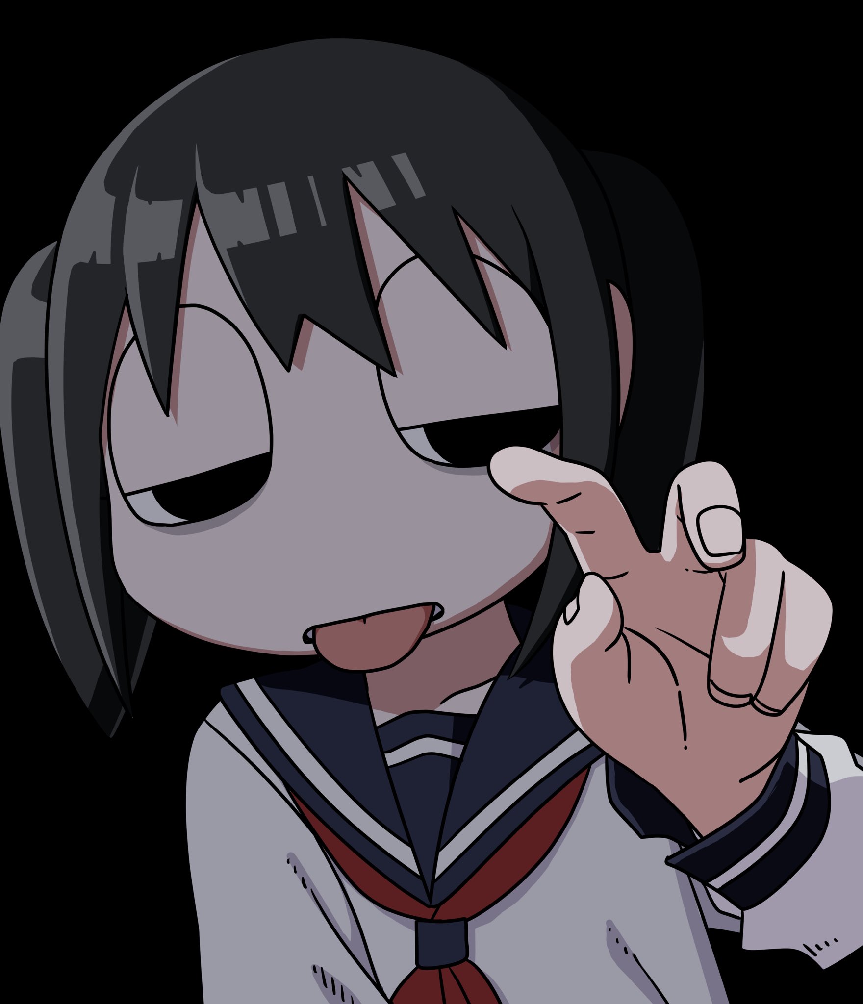 explosion psycho, haguruma hasami (explosion psycho), original, commentary, highres, symbol-only commentary, 1girl, black background, black eyes, black hair, blue sailor collar, half-closed eyes, long sleeves, neckerchief, red neckerchief, sailor collar, school uniform, serafuku, shirt, simple background, solo, tongue, tongue out, twintails, upper body, v, white shirt
