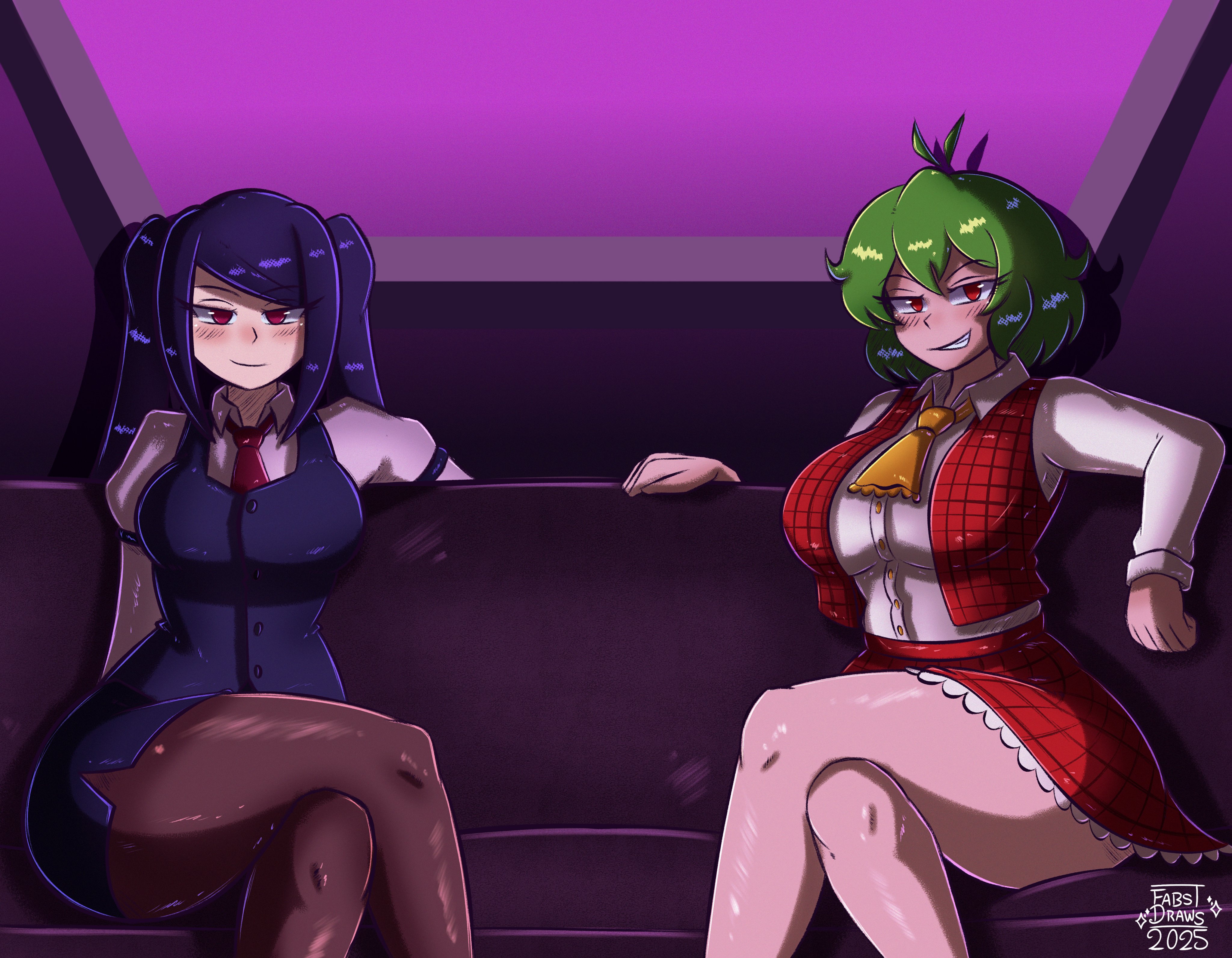 elfabienst, jill stingray, kazami yuuka, touhou, va-11 hall-a, absurdres, highres, 2girls, ascot, bartender, breasts, crossed legs, flower, green hair, large breasts, long hair, long sleeves, looking at viewer, multiple girls, necktie, open clothes, open vest, pantyhose, parasol, plaid clothes, plaid skirt, plaid vest, purple hair, red eyes, red necktie, red vest, shirt, short hair, sidelocks, skirt, skirt set, sunflower, swept bangs, thick thighs, thighs, twintails, umbrella, vest, white shirt, yellow ascot