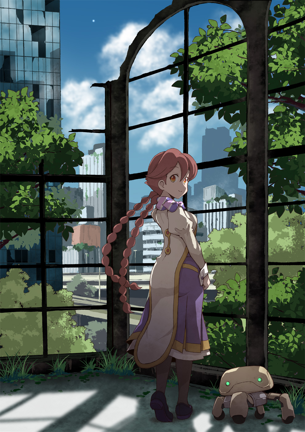 satomura kyou, yachiyo (apocalypse hotel), apocalypse hotel, commentary request, highres, 1girl, black shoes, bow, bowtie, braid, brown eyes, building, bush, city, cloud, day, dress, flycatcher robot, grass, juliet sleeves, long sleeves, pantyhose, post-apocalypse, puffy sleeves, purple dress, red hair, ruins, shoes, smile, solo, standing, tree, twin braids