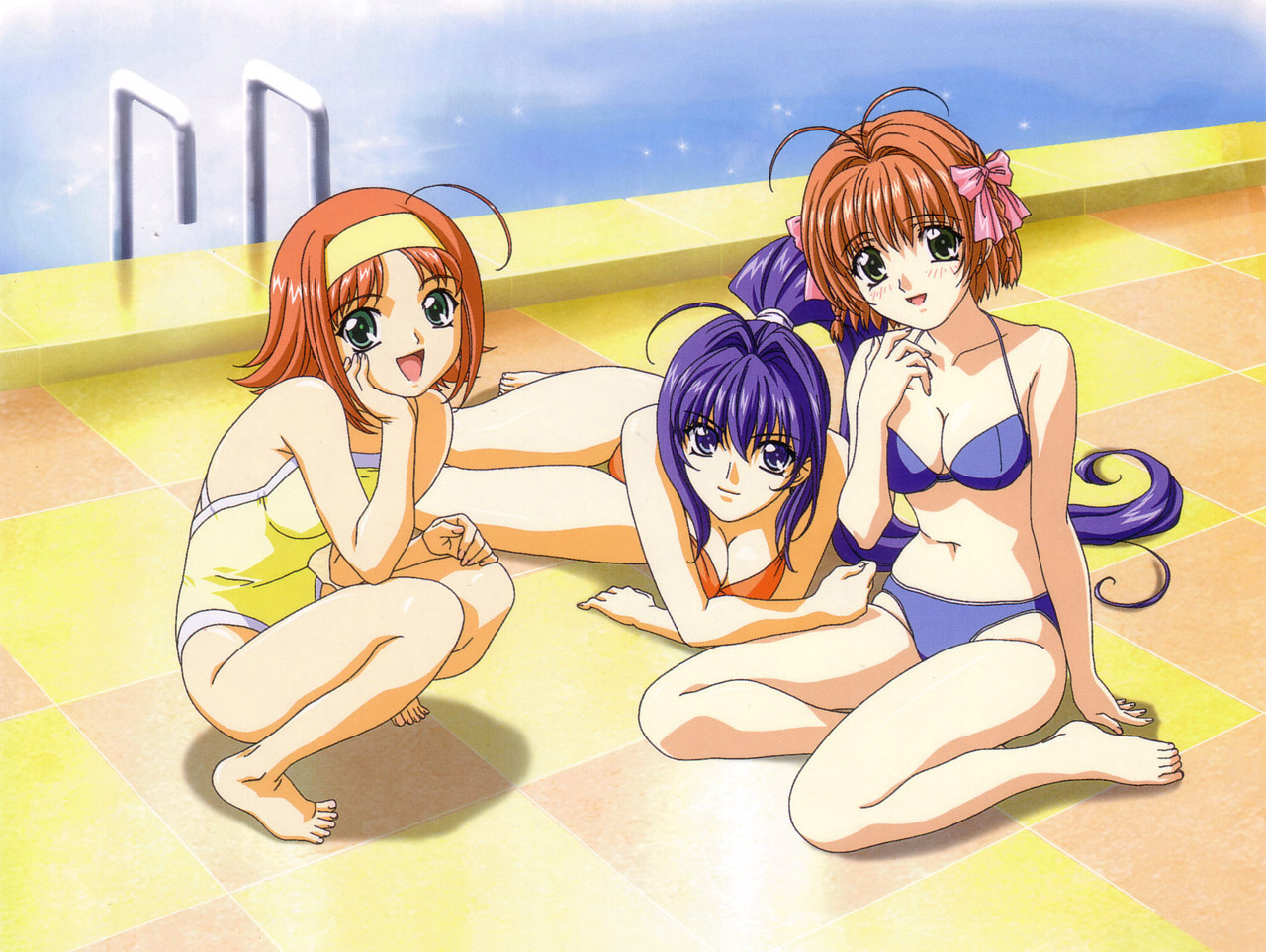 hayase mitsuki, suzumiya akane, suzumiya haruka, kimi ga nozomu eien, 00s, 3girls, :d, ahoge, antenna hair, barefoot, bikini, blue eyes, blue hair, breasts, casual one-piece swimsuit, checkered floor, cleavage, day, feet, floor, head rest, large breasts, long hair, lying, multiple girls, on side, one-piece swimsuit, open mouth, perspective, ponytail, pool, pool ladder, poolside, sitting, smile, squatting, string bikini, swimsuit, yokozuwari