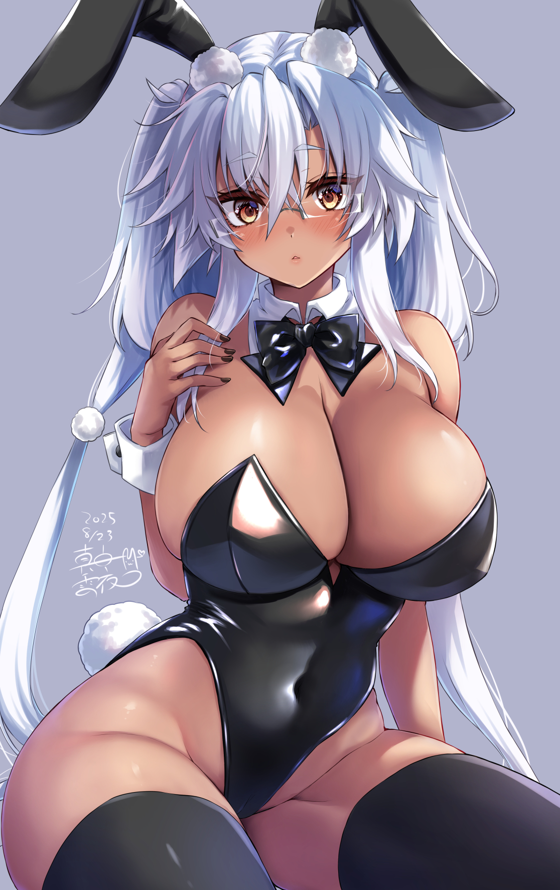 mashiro yukiya, musashi (kancolle), kantai collection, highres, 1girl, alternate costume, animal ears, bare shoulders, black leotard, black thighhighs, blush, bow, bowtie, breasts, brown eyes, cleavage, dark-skinned female, dark skin, dated, detached collar, fake animal ears, fake tail, grey background, grey hair, hair between eyes, large breasts, leotard, long hair, looking at viewer, playboy bunny, rabbit ears, rabbit tail, rectangular eyewear, semi-rimless eyewear, signature, smile, solo, strapless, strapless leotard, tail, thighhighs, twintails, very long hair, wrist cuffs