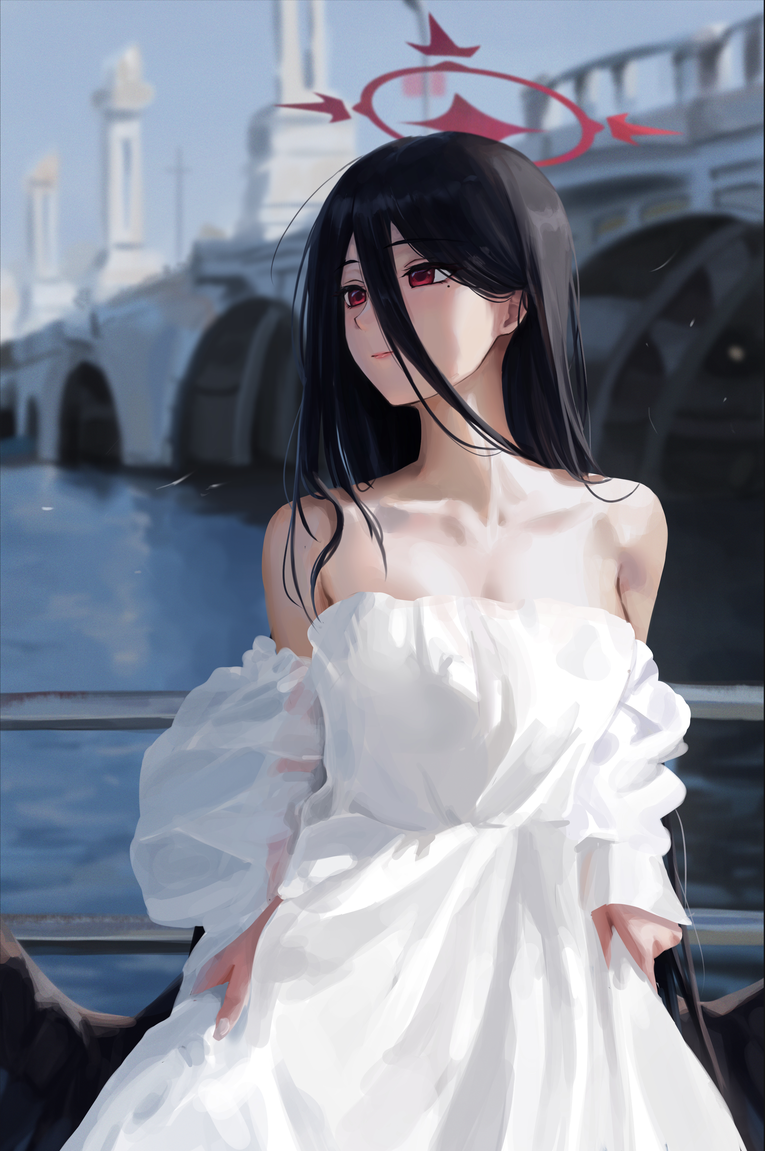 kimchi (user mpzz8457), hasumi (blue archive), blue archive, absurdres, highres, 1girl, alternate costume, bare shoulders, black hair, black wings, breasts, bridge, cleavage, closed mouth, collarbone, dress, feathered wings, hair between eyes, halo, long bangs, looking to the side, off-shoulder dress, off shoulder, red eyes, red halo, sidelocks, smile, solo, white dress, wings