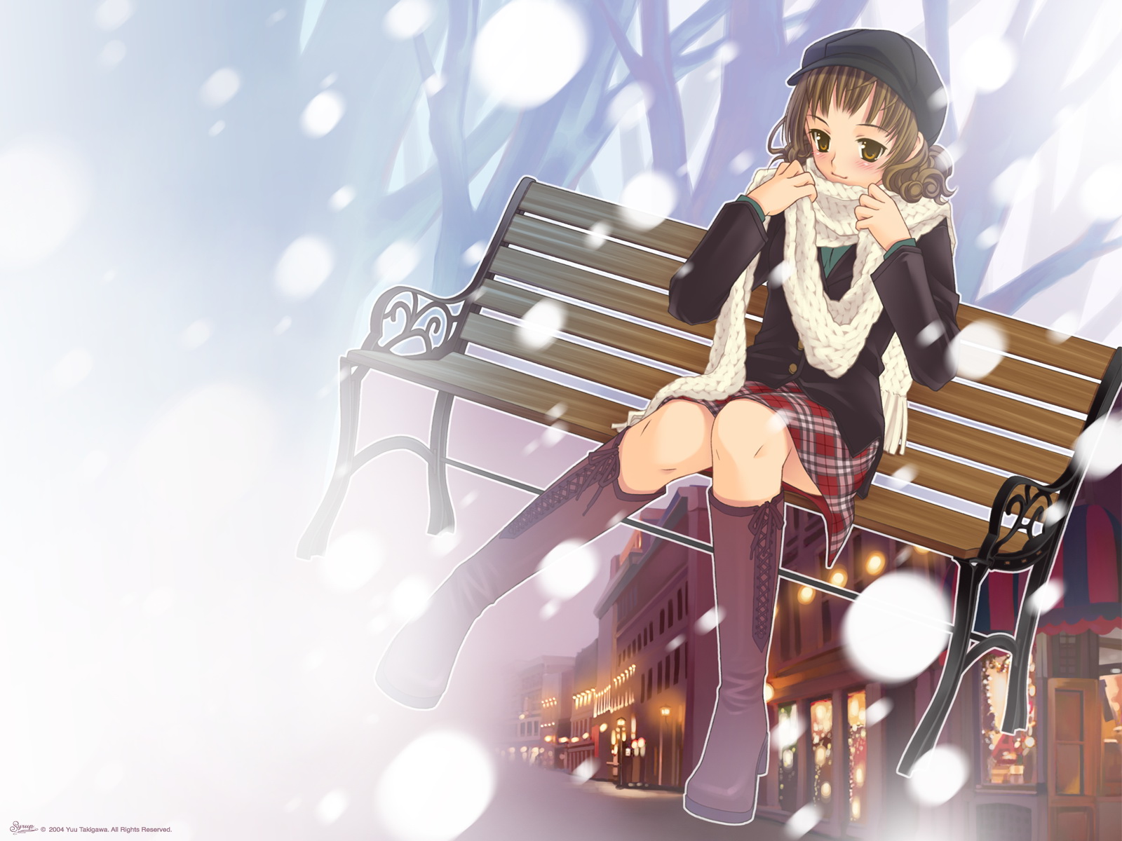 takigawa yuu, original, highres, 1girl, bench, blush, boots, brown hair, female focus, hat, lace-up boots, scarf, sitting, skirt, snowing, solo, yellow eyes