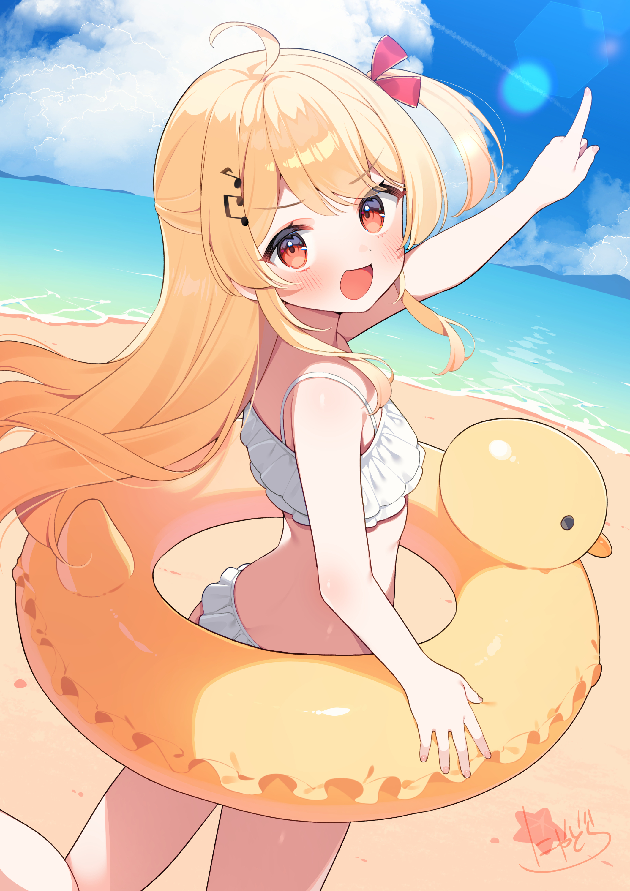 nyasunyadoora, otonose kanade, hololive, hololive dev is, absurdres, commentary request, highres, 1girl, :d, ahoge, alternate costume, beach, bikini, blonde hair, blue sky, cloud, day, flat chest, fortissimo, frilled bikini, frills, hair ornament, hair ribbon, hairclip, holding, holding swim ring, innertube, long hair, looking at viewer, musical note, musical note hair ornament, ocean, one side up, open mouth, outdoors, red eyes, red ribbon, ribbon, sidelocks, sky, smile, solo, swim ring, swimsuit, very long hair, virtual youtuber, white bikini