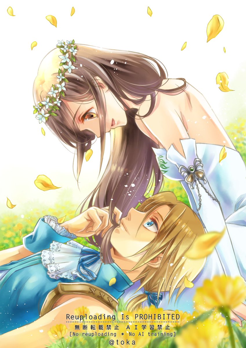 quichi 91, garnet til alexandros xvii, zidane tribal, final fantasy, final fantasy ix, highres, 1boy, 1girl, ascot, bare shoulders, blonde hair, blue eyes, blue vest, blue wrist cuffs, blurry, blurry foreground, brown eyes, brown hair, closed mouth, couple, detached sleeves, dress, falling petals, field, flower, flower field, hair between eyes, hand in another's hair, head wreath, hetero, lap pillow, long dress, looking at another, official alternate costume, parted bangs, parted lips, petals, smile, strapless, strapless dress, twitter username, vest, white ascot, white dress, white flower, white sleeves, wrist cuffs, yellow flower, yellow petals