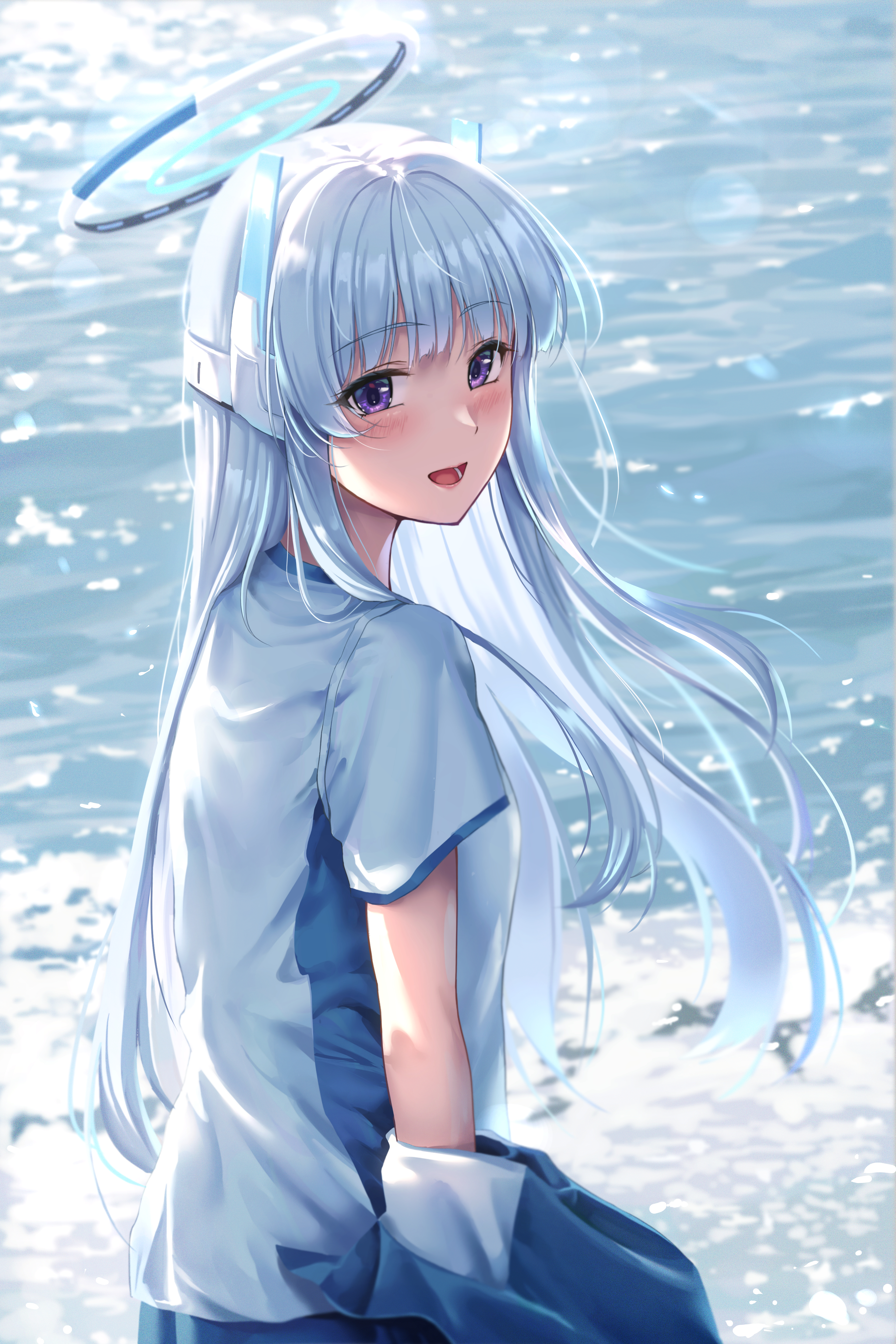 kimchi (user mpzz8457), noa (blue archive), blue archive, absurdres, highres, 1girl, alternate costume, blue halo, blue jacket, blush, from side, grey hair, halo, jacket, long hair, looking at viewer, ocean, open mouth, purple eyes, shirt, sidelocks, solo, white shirt