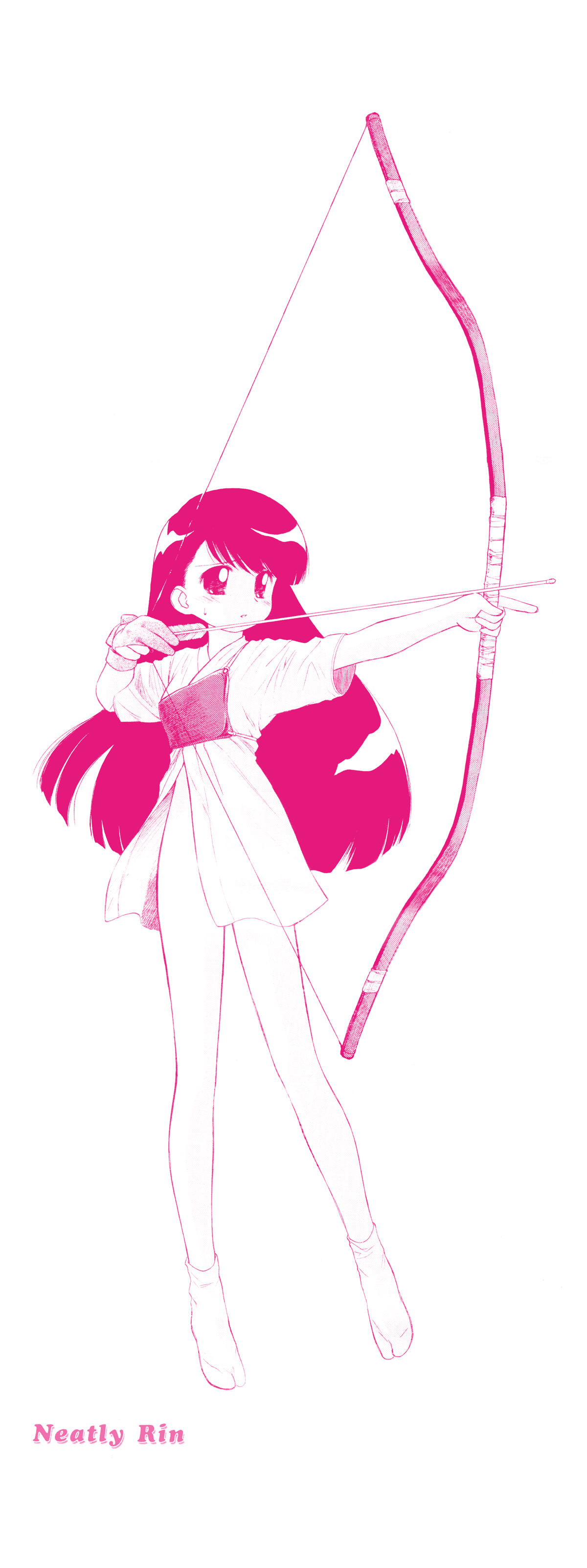 ditama bow, todoriki rin, mahoromatic, absurdres, highres, 1girl, archery, arrow (projectile), bow (weapon), drawing bow, female focus, gloves, holding, holding bow (weapon), holding weapon, long hair, monochrome, muneate, partially fingerless gloves, partly fingerless gloves, solo, tabi, very long hair, weapon, yugake