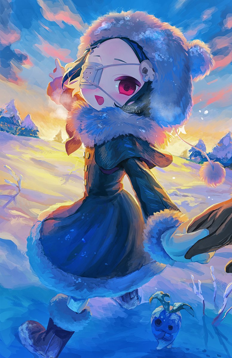 kanishima (mouse 06648), original, commentary request, highres, 1girl, 1other, :d, black boots, black capelet, black dress, black hair, boots, capelet, collar, creature, dress, eyepatch, fur-trimmed boots, fur-trimmed dress, fur-trimmed sleeves, fur collar, fur hat, fur trim, gloves, hat, holding hands, long sleeves, looking at viewer, medical eyepatch, one eye covered, open mouth, outdoors, pantyhose, pink eyes, pointing, pom pom hat ornament, pov, pov hands, short hair, smile, snow, white collar, white gloves, white hat, white pantyhose, winter clothes