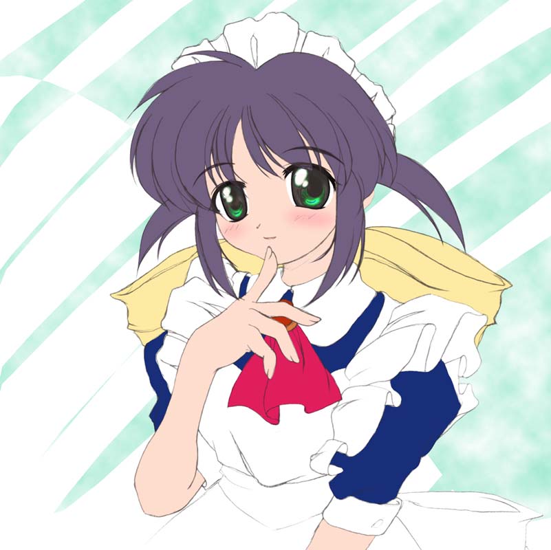 andou mahoro, mahoromatic, 1girl, apron, ascot, blush, bow, female focus, finger to mouth, green eyes, looking at viewer, maid, maid apron, maid headdress, purple hair, solo, upper body