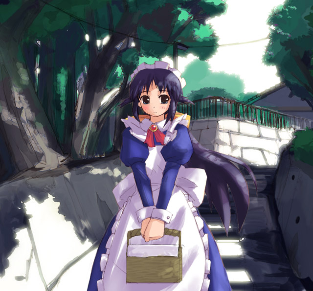 andou mahoro, mahoromatic, wall, 1girl, apron, basket, black eyes, black hair, blush, bow, building, day, female focus, holding, long hair, maid, maid apron, maid headdress, outdoors, purple hair, railing, shadow, solo, stairs, sunlight, tree, tree shade, very long hair