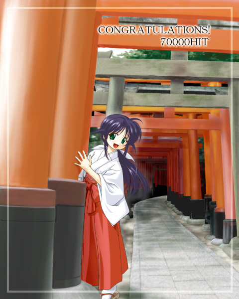 andou mahoro, mahoromatic, 1girl, :d, female focus, green eyes, hakama, hakama skirt, japanese clothes, long hair, miko, milestone celebration, multiple torii, open mouth, purple hair, red hakama, skirt, smile, solo, tabi, torii