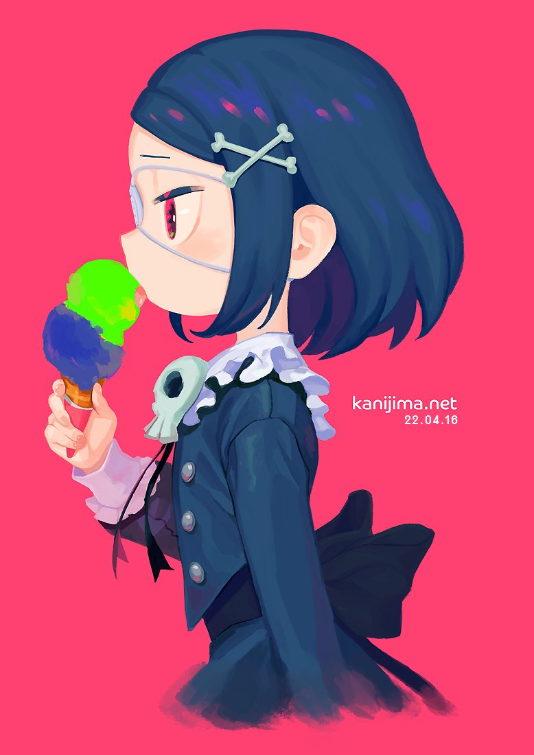 kanishima (mouse 06648), original, commentary request, 1girl, back bow, black bow, blue dress, blue hair, blue jacket, bone hair ornament, bow, dress, eyepatch, food, hair ornament, holding, holding ice cream cone, ice cream, ice cream cone, jacket, licking, long sleeves, medical eyepatch, medium hair, one eye covered, pink background, pink eyes, profile, simple background, skull brooch, solo, tongue, tongue out