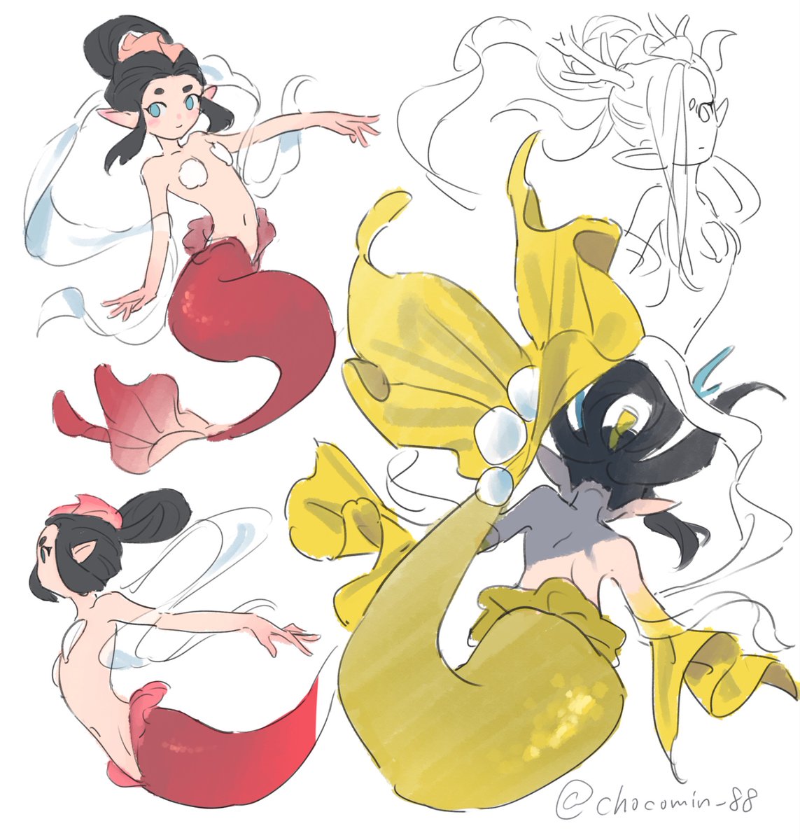 ningyo (youkai watch), yaobikuni (youkai watch), youkai watch, highres, 2girls, artist name, bikini, black hair, blue eyes, chocomin 88, mermaid, monster girl, multiple girls, multiple views, pointy ears, shell, shell bikini, simple background, swimsuit, white background, youkai (youkai watch)