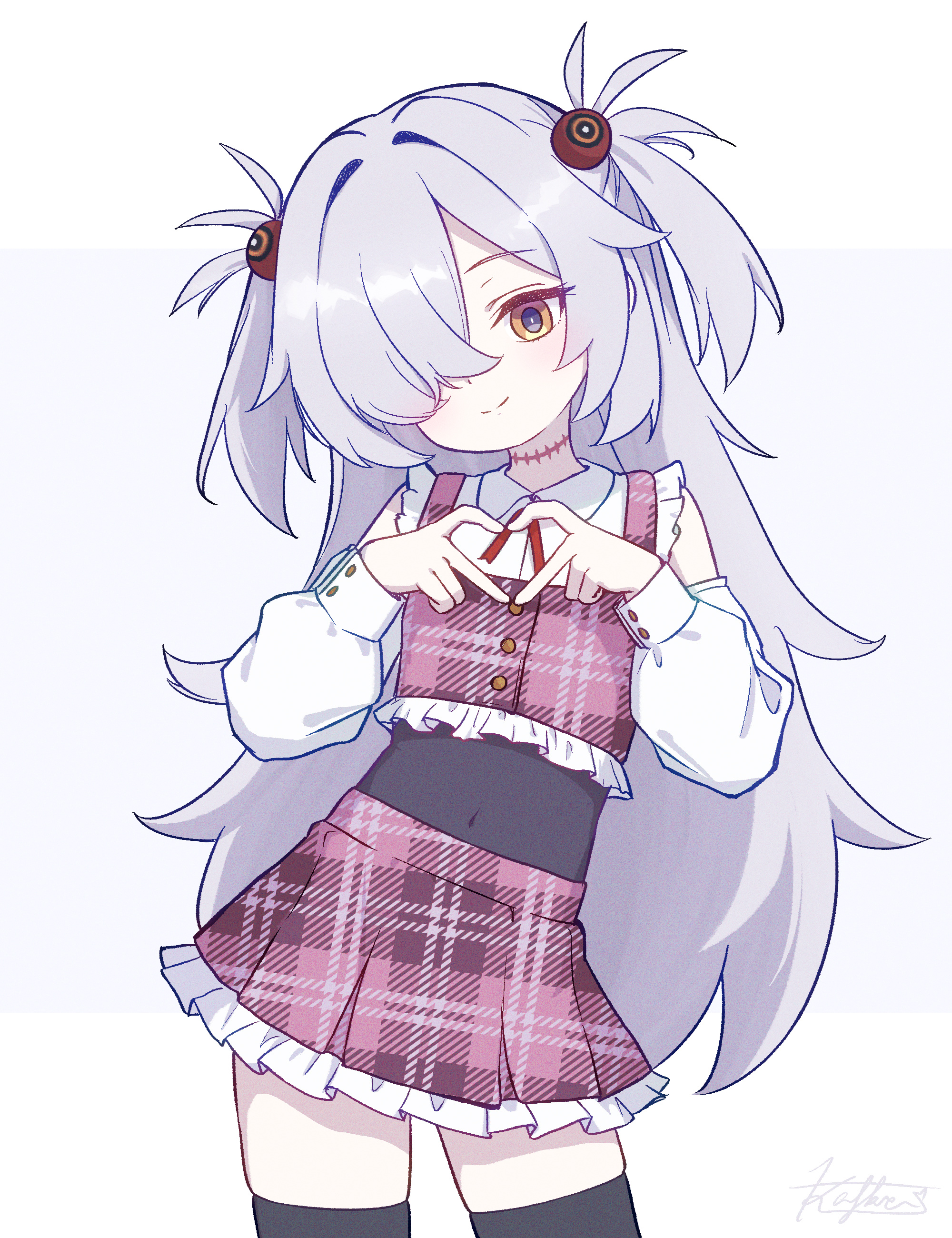 kafka963, kanoe (blue archive), blue archive, absurdres, commentary, highres, black skirt, black thighhighs, closed mouth, covered navel, detached sleeves, finger heart, grey hair, looking at viewer, one eye covered, plaid clothes, signature, skirt, thighhighs, white bag, yellow eyes