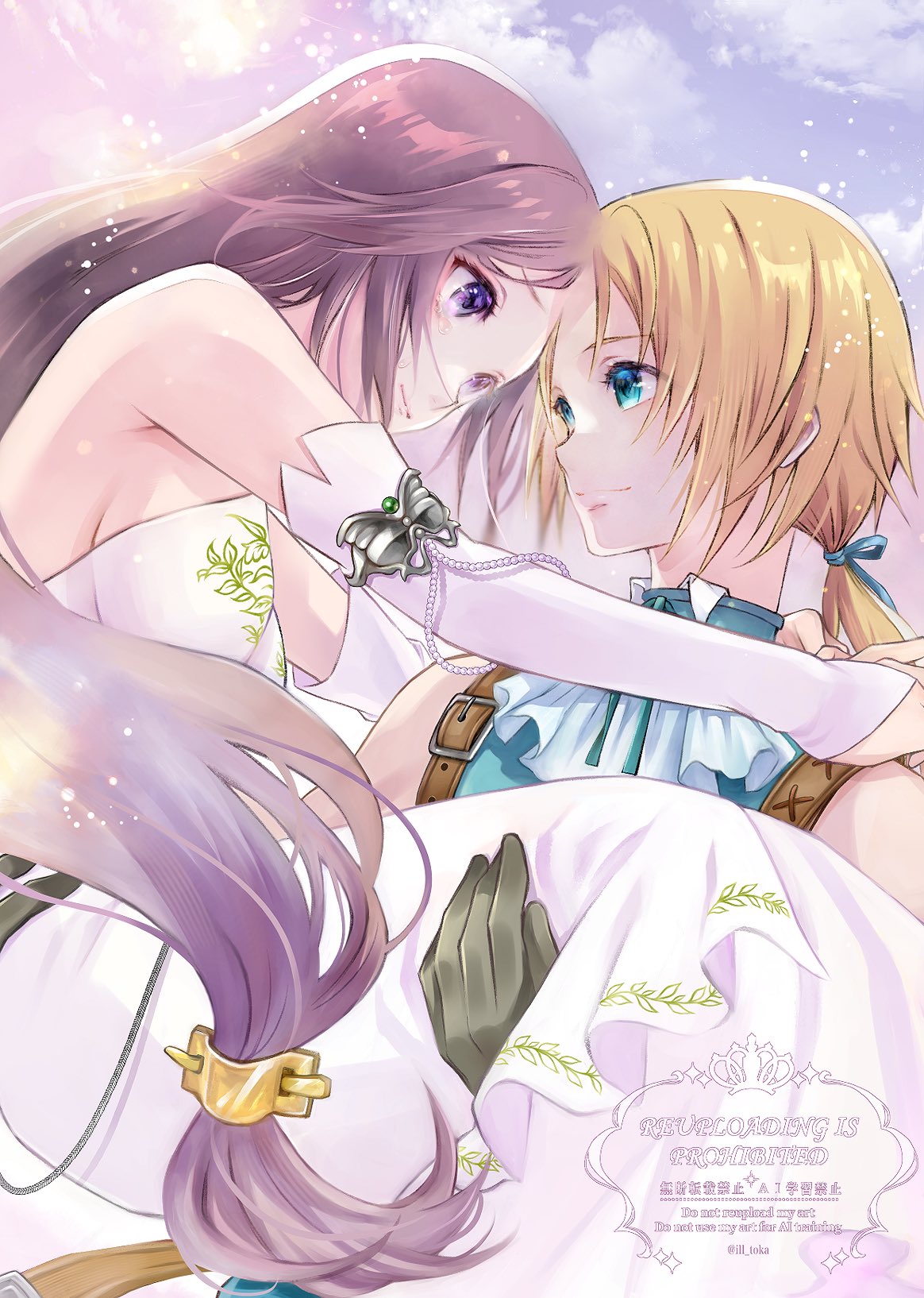 quichi 91, garnet til alexandros xvii, zidane tribal, final fantasy, final fantasy ix, highres, 1boy, 1girl, aqua eyes, aqua ribbon, aqua vest, arms around neck, ascot, bare shoulders, blonde hair, breasts, brown hair, carrying, couple, detached sleeves, dress, gloves, grey eyes, grey gloves, hair ribbon, hair tie, hetero, light smile, long dress, long hair, low-tied long hair, low ponytail, medium breasts, official alternate costume, ponytail, princess carry, ribbon, sideboob, twintails, upper body, vest, watermark, white ascot, white dress, white sleeves