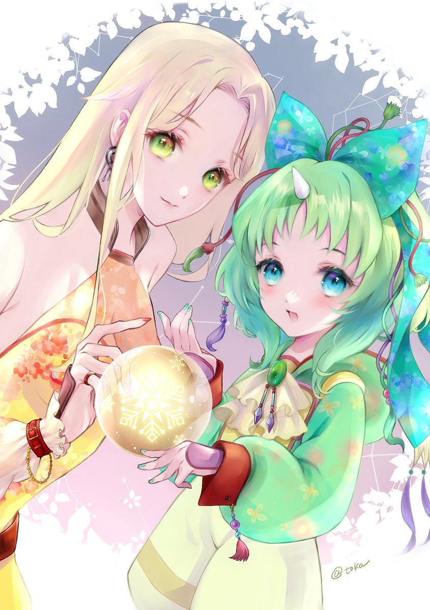 quichi 91, eiko carol, garnet til alexandros xvii, final fantasy, final fantasy ix, highres, 2girls, aqua bow, aqua nails, ascot, blonde hair, blue eyes, bow, chest jewel, closed mouth, dress, earrings, gem, green eyes, green gemstone, green hair, green sweater, hair bow, hair ornament, horns, jacket, jewelry, long hair, looking at viewer, medium hair, multiple girls, official alternate costume, official alternate eye color, official alternate hair color, open mouth, orange dress, overalls, parted bangs, red nails, shirt, single horn, smile, sweater, tassel, tassel hair ornament, twintails, upper body, white ascot, white jacket, white shirt, yellow overalls
