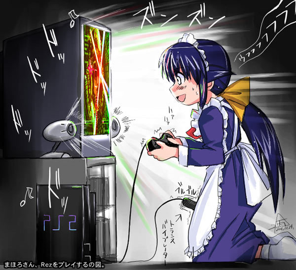 andou mahoro, mahoromatic, rez, translation request, 1girl, apron, blue hair, bow, cable, female focus, female masturbation, game console, hypnosis, maid, maid apron, maid headdress, masturbation, mind control, playing games, playstation 2, ponytail, remote control vibrator, sex toy, socks, solo, sweat, television, vibrator, video game