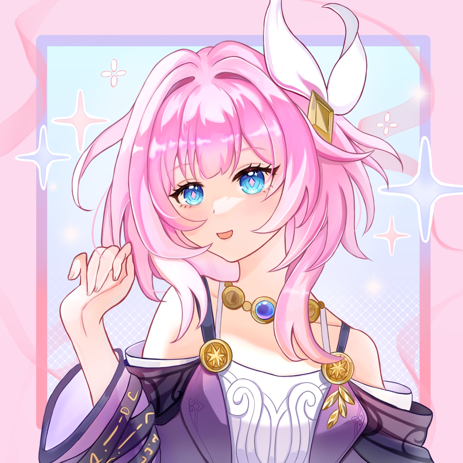 cyrene (honkai: star rail), honkai: star rail, honkai (series), chinese commentary, commentary request, highres, 1girl, bare shoulders, blue background, blue eyes, border, breasts, coat, dress, hair ornament, jewelry, kukuerkan58854, multicolored hair, necklace, parted lips, pink border, pink hair, purple coat, short hair, small breasts, solo, two-tone hair, upper body, white dress, white hair