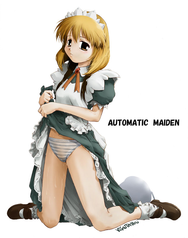 kyoutarou, suzuki kyoutarou, andou minawa, mahoromatic, 1girl, blonde hair, brown eyes, clothes lift, dress, dress lift, female focus, full body, kneeling, maid, maid headdress, panties, pussy juice, shoes, short hair, simple background, socks, solo, striped clothes, striped panties, underwear, wet, white background