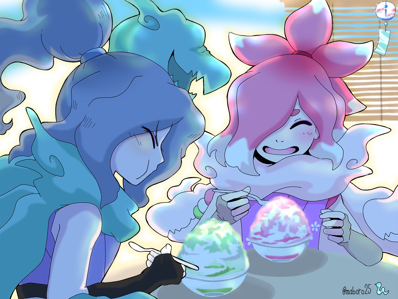 orochi (youkai watch), youkai watch, 2boys, artist name, black gloves, closed eyes, colored tips, fingerless gloves, food, gloves, hair ornament, hair over one eye, holding, holding spoon, japanese clothes, maboro25, multicolored hair, multiple boys, open mouth, pink hair, sakuraorochi, shaved ice, sleeveless, spoon, x hair ornament, youkai (youkai watch)