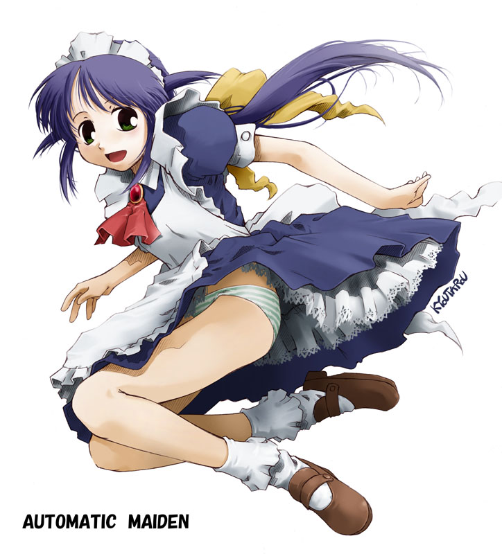 kyoutarou, suzuki kyoutarou, andou mahoro, mahoromatic, 1girl, blue hair, bow, clothes lift, dress, dress lift, female focus, green eyes, green panties, hair bow, jumping, long hair, maid, maid headdress, panties, pantyshot, shoes, socks, solo, striped clothes, striped panties, underwear, very long hair