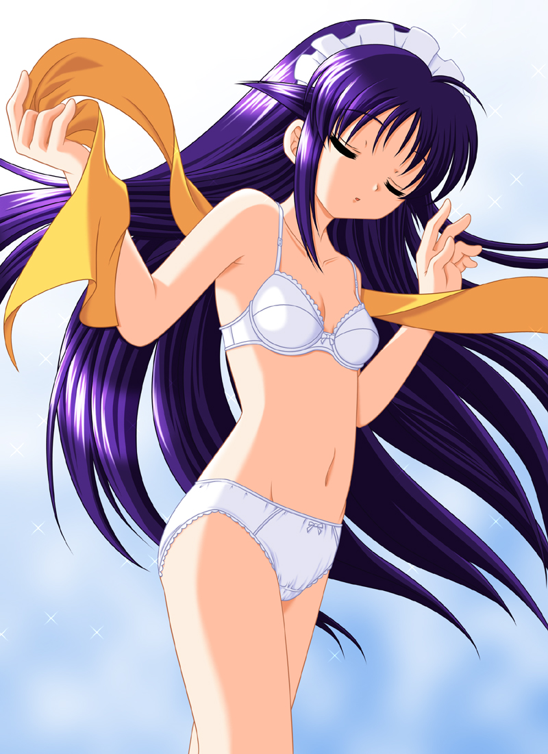 andou mahoro, mahoromatic, artist request, 1girl, bow, bow bra, bow panties, bra, breasts, closed eyes, cloud, collarbone, female focus, flat chest, lace, lace-trimmed panties, lace trim, lingerie, long hair, maid, maid headdress, navel, open mouth, panties, purple hair, ribbon, sky, small breasts, solo, sparkle, standing, underwear, underwear only, very long hair, white bra, white panties
