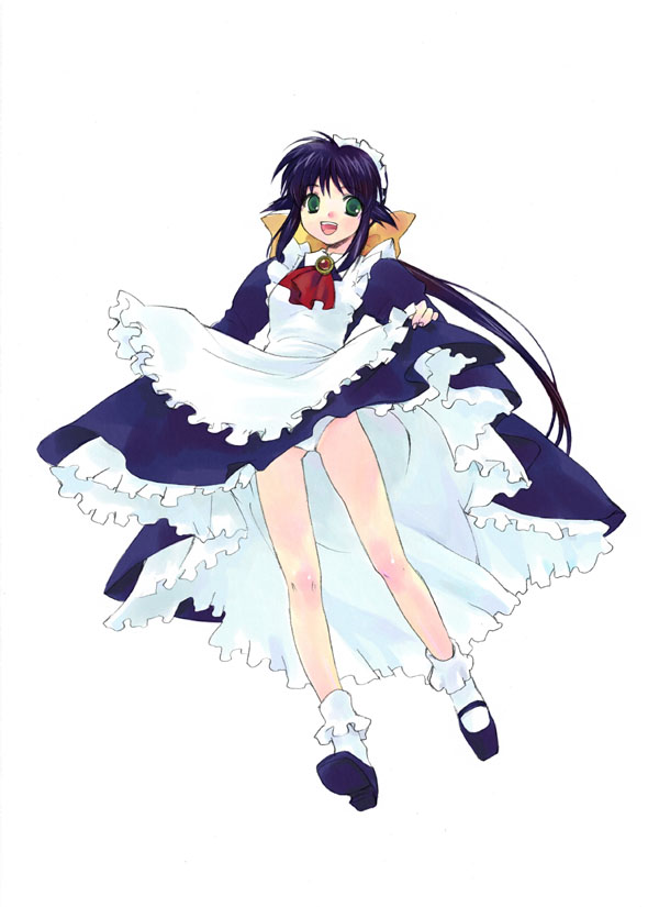 andou mahoro, mahoromatic, blue hair, bow, clothes lift, dress, dress lift, green eyes, hair bow, long hair, maid, maid headdress, panties, shoes, socks, solo, standing, underwear, very long hair, white panties