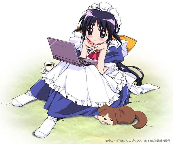 takamura kazuhiro, andou mahoro, guri (mahoromatic), mahoromatic, 1girl, blush, bow, computer, cup, dog, female focus, gainaxtop, green eyes, head rest, interlocked fingers, laptop, maid, own hands clasped, own hands together, socks, solo, teacup