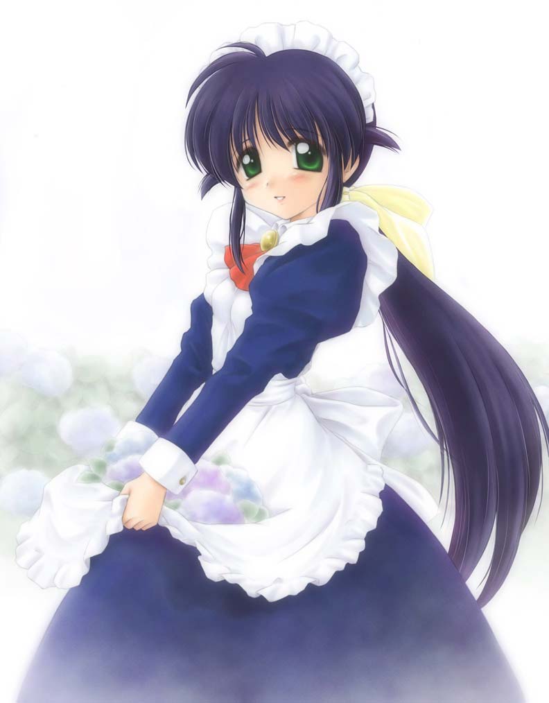 hide (rightstuff annex), andou mahoro, mahoromatic, jpeg artifacts, 1girl, apron, blue hair, bow, female focus, flower, green eyes, hair bow, long hair, maid, maid apron, maid headdress, ponytail, ribbon, skirt basket, solo, very long hair