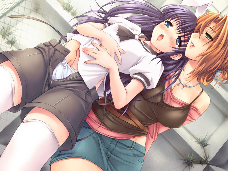 kuroda akimi, kagaya touko, kurashiki mizuki, alice no yakata 7, suzumiya keimu shoukan, game cg, source request, 2girls, animal ears, arm around back, blue eyes, blue hair, blush, bow, bow panties, brown eyes, brown hair, camisole, fingering, hand in panties, jewelry, miniskirt, multiple girls, necklace, panties, pussy juice, rabbit ears, school uniform, serafuku, shorts, skirt, tears, thighhighs, underwear, white panties, white thighhighs, yuri