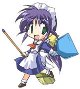 andou mahoro, mahoromatic, lowres, 1girl, blue hair, broom, chibi, chibi only, dustpan, female focus, green eyes, holding, holding dustpan, maid, maid headdress, smile, solo