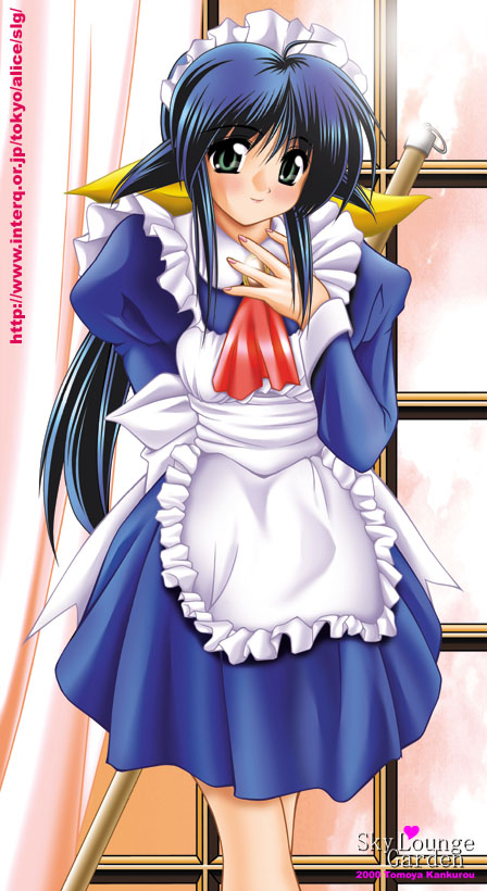 tomoya kankurou, andou mahoro, mahoromatic, 1girl, android, apron, blue hair, blush, bow, curtains, female focus, green eyes, hairband, long hair, long sleeves, maid, maid apron, ponytail, solo, window, yellow bow