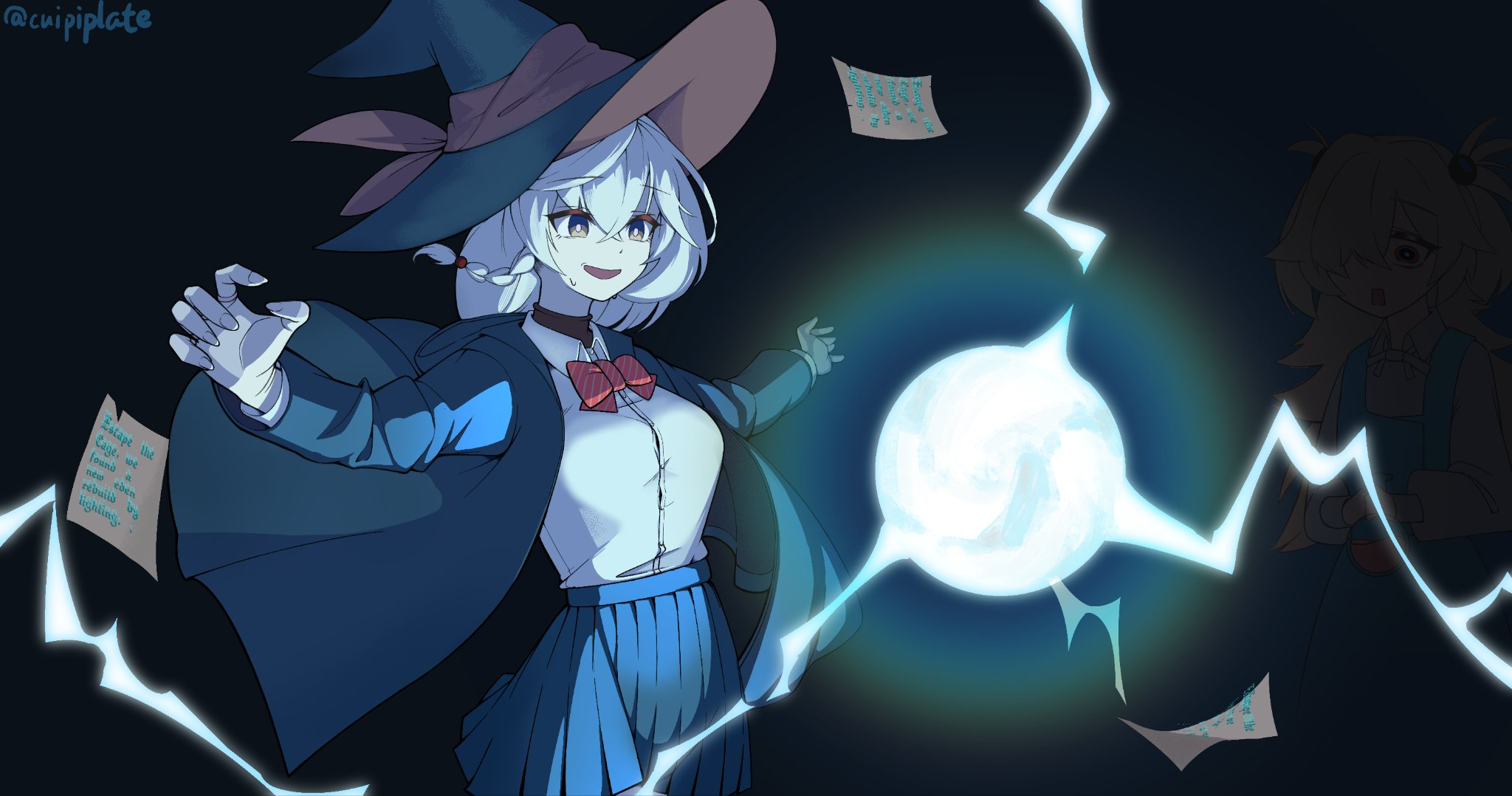 eri (blue archive), kanoe (blue archive), blue archive, 2girls, black background, bow, bowtie, braid, cuipiplate, dress, energy ball, halo, hat, jacket, lightning, long coat, long hair, multiple girls, one eye covered, orange eyes, paper, shirt, skirt, sweater, twintails, white hair, witch hat