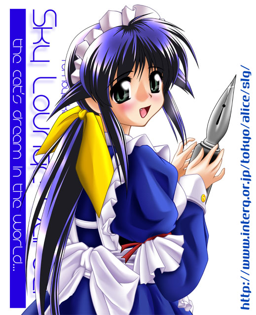 tomoya kankurou, andou mahoro, mahoromatic, 1girl, :d, blue hair, bow, fang, female focus, green eyes, headdress, long hair, maid, mini person, minigirl, open mouth, oversized object, pen, ponytail, smile, solo, yellow bow
