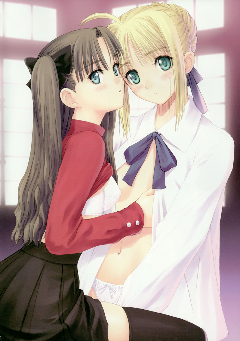 tony taka, artoria pendragon (fate), saber (fate), tohsaka rin, fate/stay night, fate (series), highres, 00s, 2girls, black thighhighs, blonde hair, blush, bra, breasts, clothes lift, female focus, grabbing another's breast, groping, long hair, looking at viewer, multiple girls, no bra, no pants, open clothes, open shirt, panties, shirt, shirt lift, small breasts, thighhighs, turtleneck, twintails, two side up, underwear, white panties, yuri, zettai ryouiki