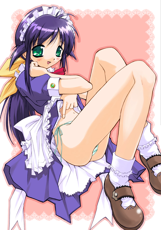 akiyoshi yoshiaki, andou mahoro, mahoromatic, 1girl, ass, blue hair, blush, bow, clothes lift, dress, dress lift, female focus, green eyes, green panties, hair bow, lying, maid, maid headdress, navel, open mouth, panties, shoes, side-tie panties, sitting, socks, solo, striped clothes, striped panties, underwear, yellow bow