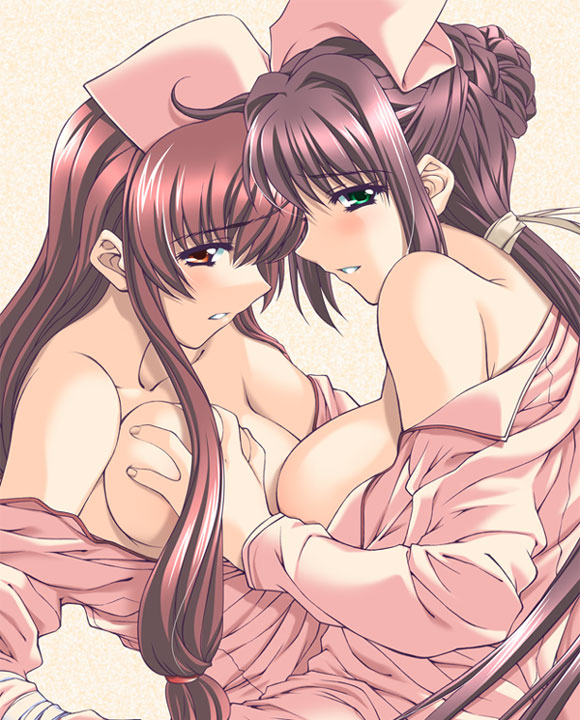 kazama mana, nanase ren, yakin byoutou, yakin byoutou ni, 00s, 2girls, breasts, grabbing another's breast, green eyes, groping, hair bun, large breasts, long hair, multiple girls, no bra, nurse, off shoulder, open clothes, open shirt, orange eyes, pink hair, ponytail, purple hair, shirt, single hair bun, yuri