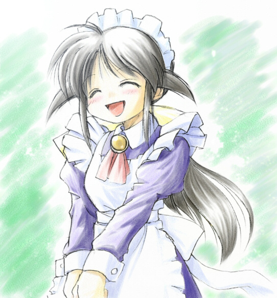 andou mahoro, mahoromatic, 1girl, apron, blush, bow, closed eyes, female focus, grey hair, happy, maid, maid apron, maid headdress, open mouth, own hands clasped, own hands together, smile, solo, v arms