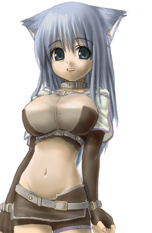 asanagi, hunter (ragnarok online), ragnarok online, 1girl, animal ears, arms at sides, belt, blue eyes, blue hair, breasts, brown gloves, cat ears, collar, fang, female focus, fingerless gloves, gloves, impossible clothes, impossible shirt, large breasts, long hair, matching hair/eyes, midriff, navel, shirt, smile, solo, wrist belt