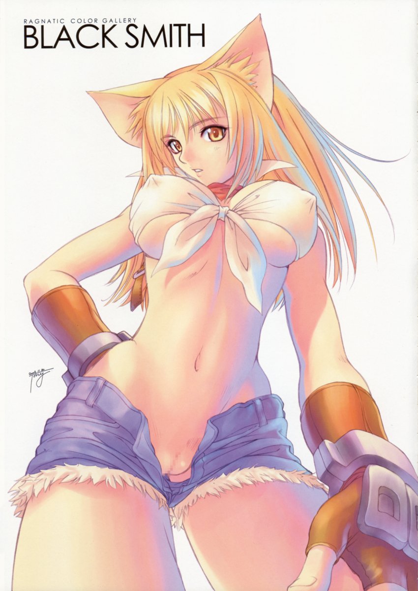 tony taka, blacksmith (ragnarok online), ragnarok online, highres, 1girl, animal ears, blacksmith, blonde hair, breasts, cat ears, cat girl, censored, character name, cleavage, cleft of venus, covered erect nipples, cutoffs, dated, denim, denim shorts, female focus, fingerless gloves, front-tie top, gloves, hand on own hip, hip focus, large breasts, long hair, looking at viewer, midriff, mosaic censoring, navel, no panties, open fly, parted lips, pussy, short shorts, shorts, signature, simple background, solo, standing, thighhighs, underboob, unzipped, white background, wide hips, yellow eyes