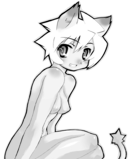 alicia priss, cyber connect 2, little tail bronx, tail concerto, 1girl, animal ears, blush, body blush, breasts, cat ears, cat tail, completely nude, female focus, greyscale, grin, looking at viewer, monochrome, nipples, nude, priss, short hair, small breasts, smile, solo, tail, white hair