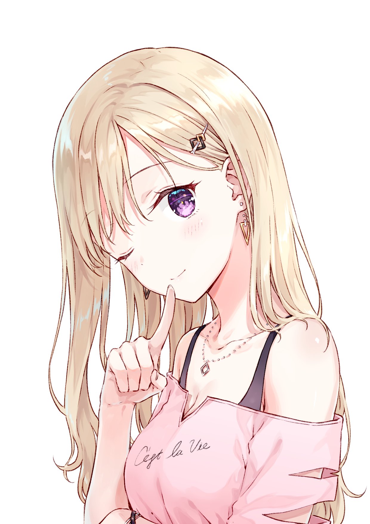 hiten (hitenkei), ayase saki, gimai seikatsu, commentary request, highres, official art, second-party source, 1girl, ;), bare shoulders, blonde hair, breasts, cleavage, collarbone, earrings, finger to mouth, hair ornament, hairclip, jewelry, long hair, looking at viewer, medium breasts, necklace, off-shoulder shirt, off shoulder, one eye closed, pink shirt, purple eyes, shirt, simple background, smile, solo, tachi-e, white background