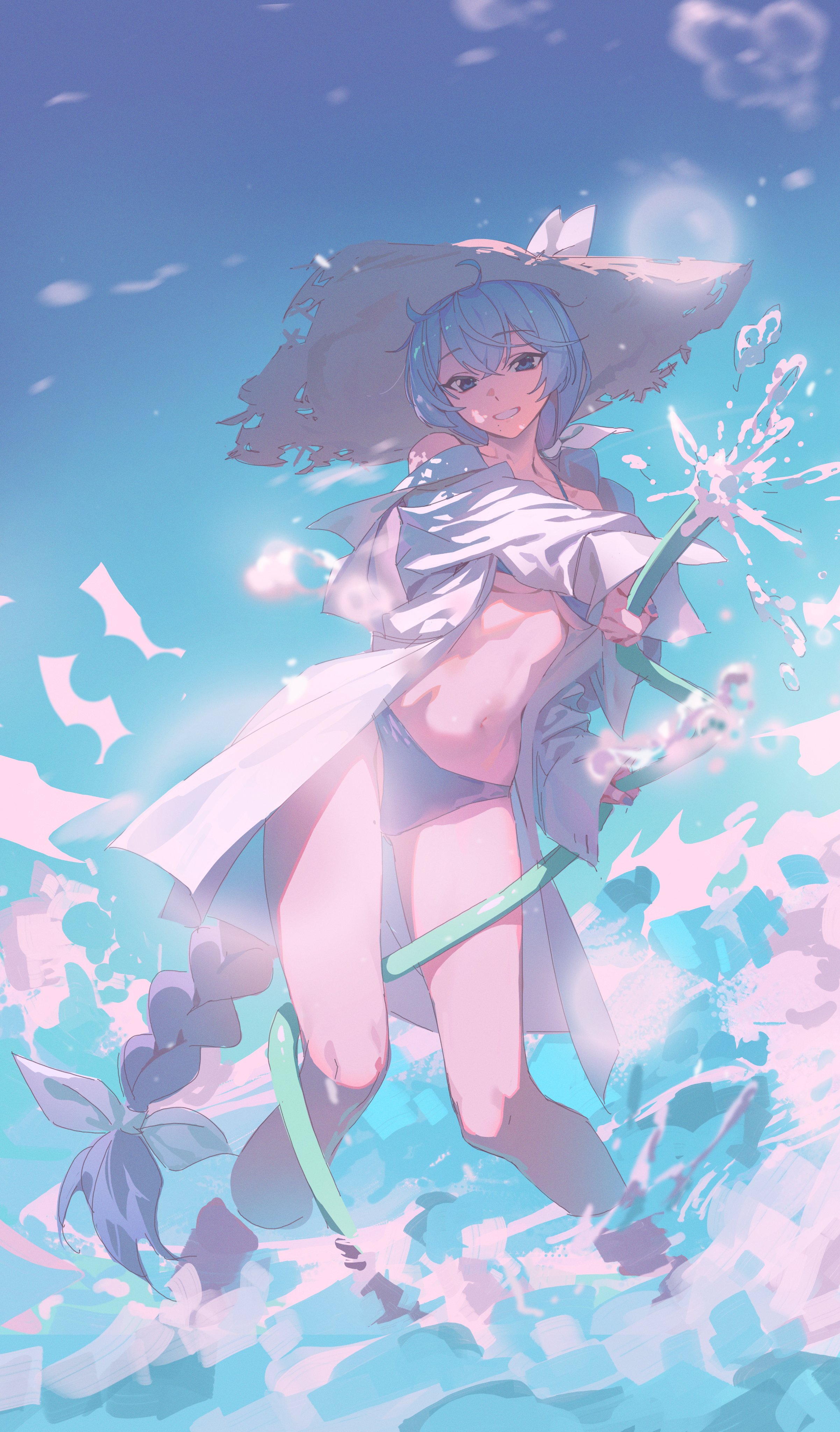 controlline3, anila (counter:side), counter:side, absurdres, commentary, highres, symbol-only commentary, 1girl, bikini, blue bikini, blue eyes, blue hair, blue sky, braid, grin, hat, head tilt, holding, holding hose, hose, long hair, looking at viewer, official alternate costume, open clothes, open shirt, shirt, single braid, single off shoulder, sky, smile, solo, straw hat, swimsuit, thighs, very long hair, wading, water, water drop, white shirt