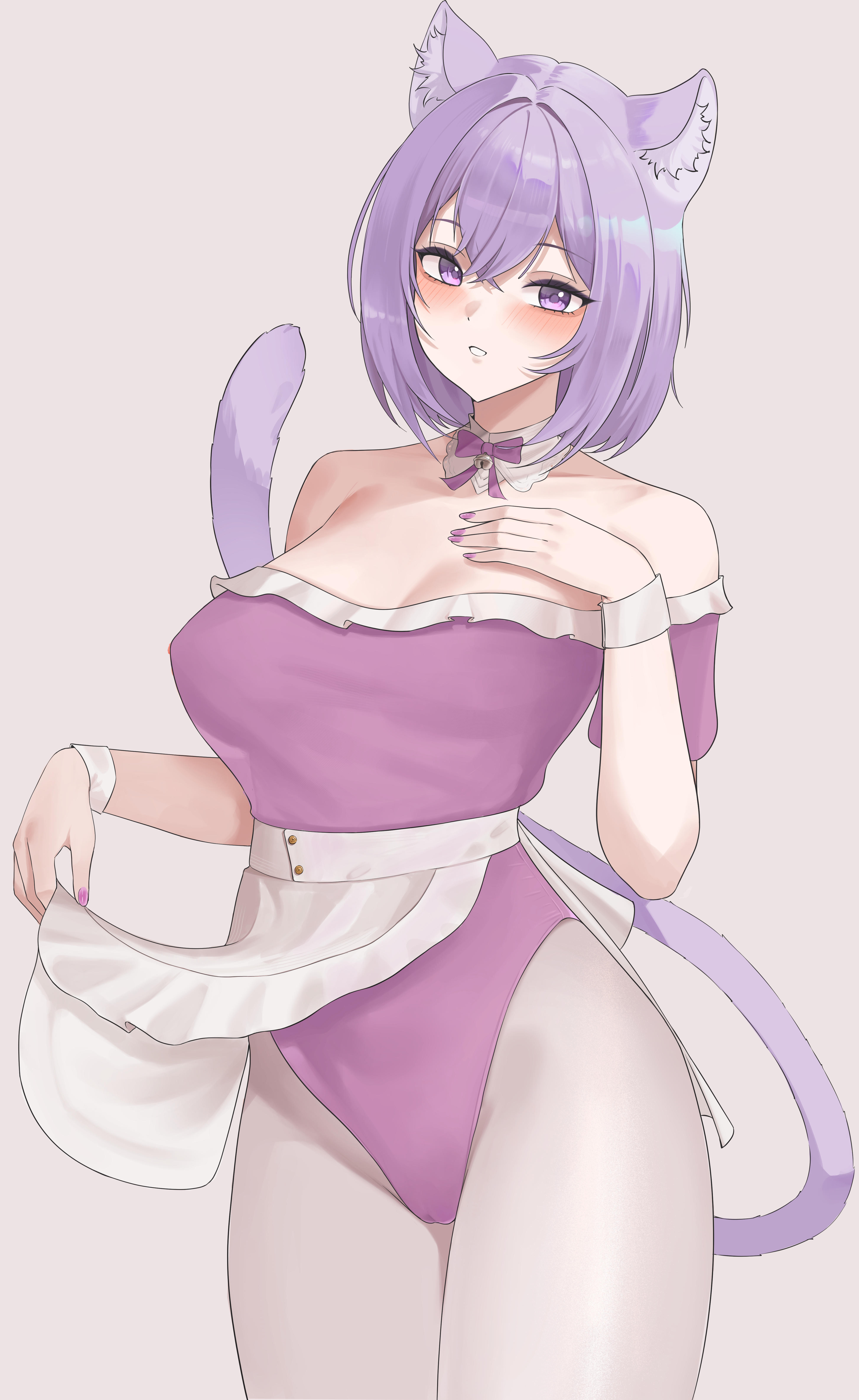 pynkmouth, nekomata okayu, hololive, absurdres, commentary, english commentary, highres, 1girl, animal ears, apron, bare shoulders, breasts, cameltoe, cat ears, cat girl, cat tail, cleavage, cowboy shot, crossed bangs, detached collar, double-parted bangs, grey background, grey pantyhose, hair between eyes, hand up, large breasts, leotard, nail polish, off-shoulder leotard, pantyhose, parted lips, puffy short sleeves, puffy sleeves, purple eyes, purple hair, purple leotard, purple nails, short hair, short sleeves, simple background, solo, strapless, strapless leotard, tail, virtual youtuber, waist apron, white apron, wrist cuffs