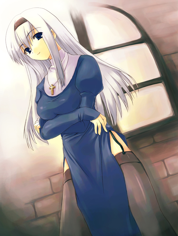 priest (ragnarok online), ragnarok online, silver hair, duplicate, 1girl, blue eyes, cross, female focus, garter belt, hairband, headband, latin cross, lingerie, long hair, priest, priestess, solo, thighhighs, underwear