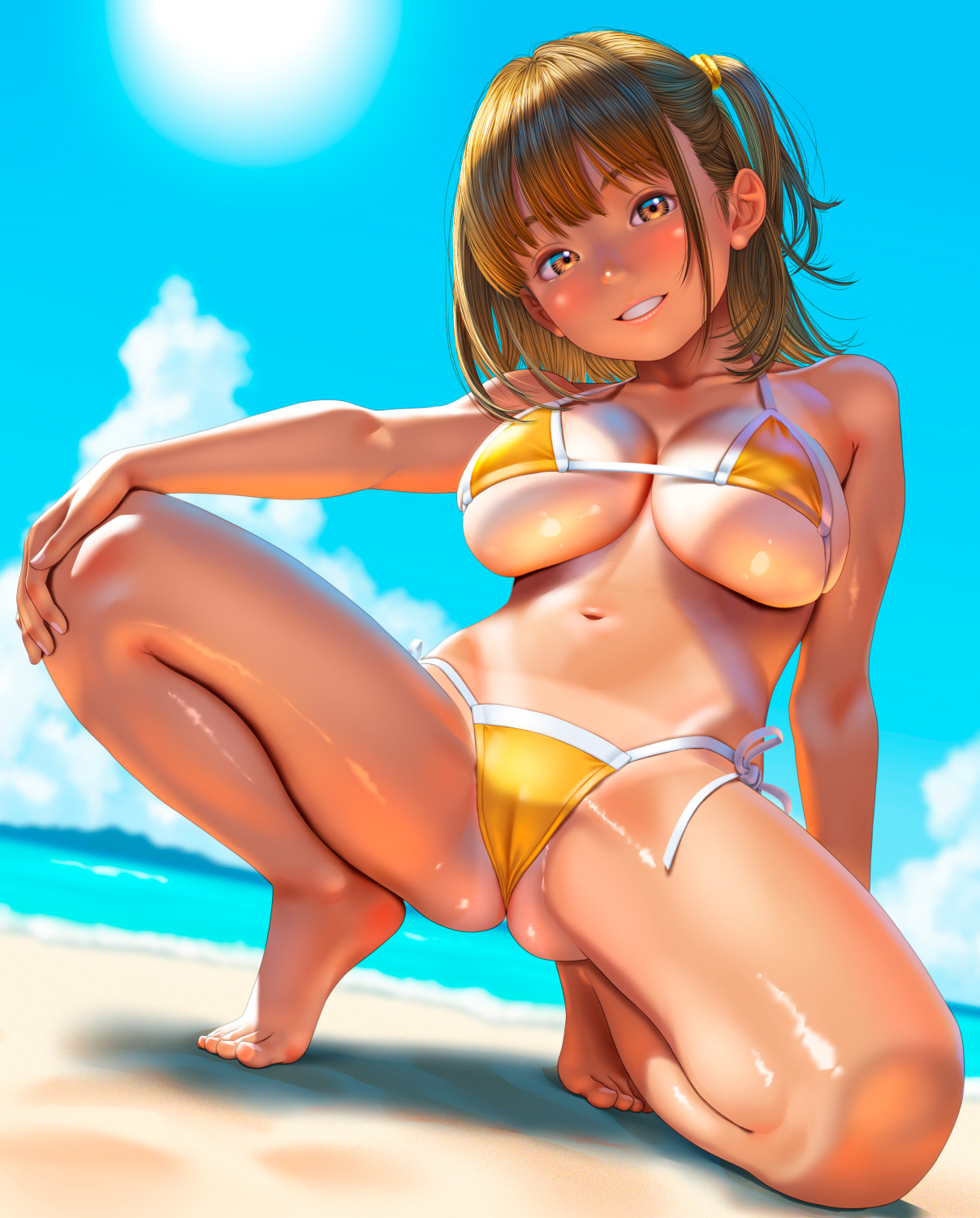 uzuki mei, original, highres, 1girl, barefoot, beach, bikini, breasts, brown hair, day, huge breasts, looking at viewer, navel, oppai loli, outdoors, sky, smile, solo, swimsuit, tan
