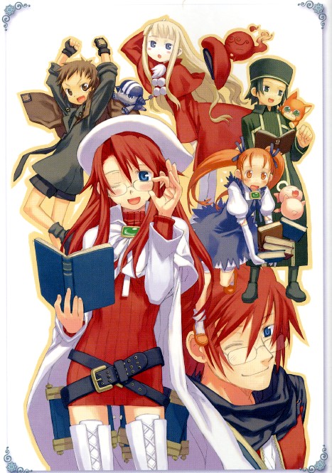 kuroboshi kouhaku, aliese martini, aty (summon night), belfraw martini, nup, nup martini, onibi (summon night), quiupy, r (summon night), rexx, teco (summon night), will, will (summon night), will martini, summon night, summon night 3, white footwear, 3boys, 3girls, adjusting eyewear, arms up, belt, belt skirt, belted skirt, black hair, blonde hair, blue eyes, blush, book, boots, brown eyes, brown hair, coat, dress, everyone, fingerless gloves, glasses, gloves, hat, long hair, miniskirt, multiple boys, multiple girls, one eye closed, orange eyes, orange hair, red hair, short dress, shorts, skirt, smile, thighhighs, trench coat, twintails, white thighhighs, wink, zettai ryouiki