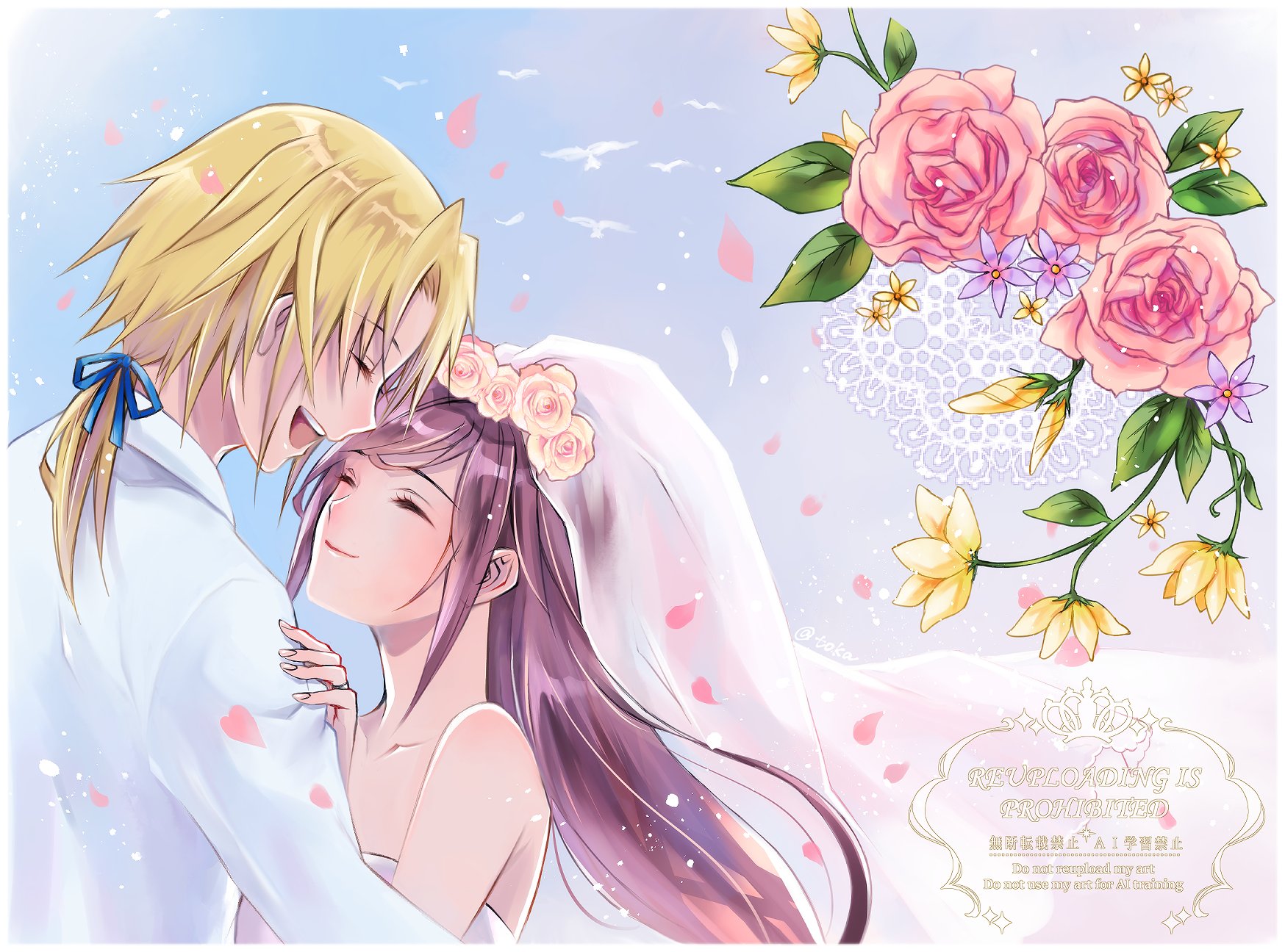 quichi 91, garnet til alexandros xvii, zidane tribal, final fantasy, final fantasy ix, highres, 1boy, 1girl, bird, blonde hair, blue ribbon, bridal veil, bride, closed eyes, closed mouth, couple, dress, falling petals, flock, flower, groom, hair flower, hair ornament, hair ribbon, hand on another's shoulder, hetero, husband and wife, jacket, jewelry, long hair, low ponytail, open mouth, parted bangs, petals, pink flower, pink petals, pink rose, ponytail, ribbon, ring, rose, smile, strapless, strapless dress, suit jacket, swept bangs, twitter username, upper body, veil, wedding, wedding dress, wedding ring, white bird, white dress, white jacket, yellow flower