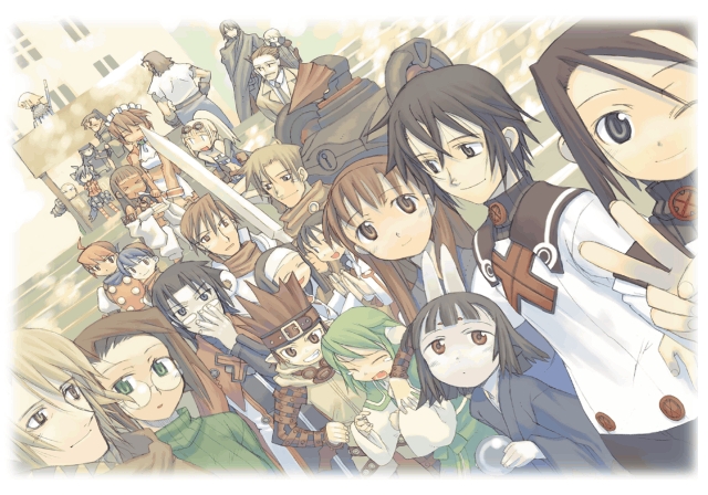 kuroboshi kouhaku, agluvain, amer, bulrell, folte (summon night), gibson giral, hasaha, ioth, kaina (summon night), kazamine (summon night), keina, le-o-ld, leonard (summon night), luvaid, magna, mimoza lorange, minis, morlin, nesty, paffel, resi, rocca, ryuug, shamrock (summon night), toris, yuel (summon night), summon night, summon night 2, lu, 6+boys, 6+girls, armor, brown eyes, brown hair, cape, detached sleeves, everyone, glasses, green eyes, green hair, headband, maid, multiple boys, multiple girls, short hair, smile, sword, v, weapon